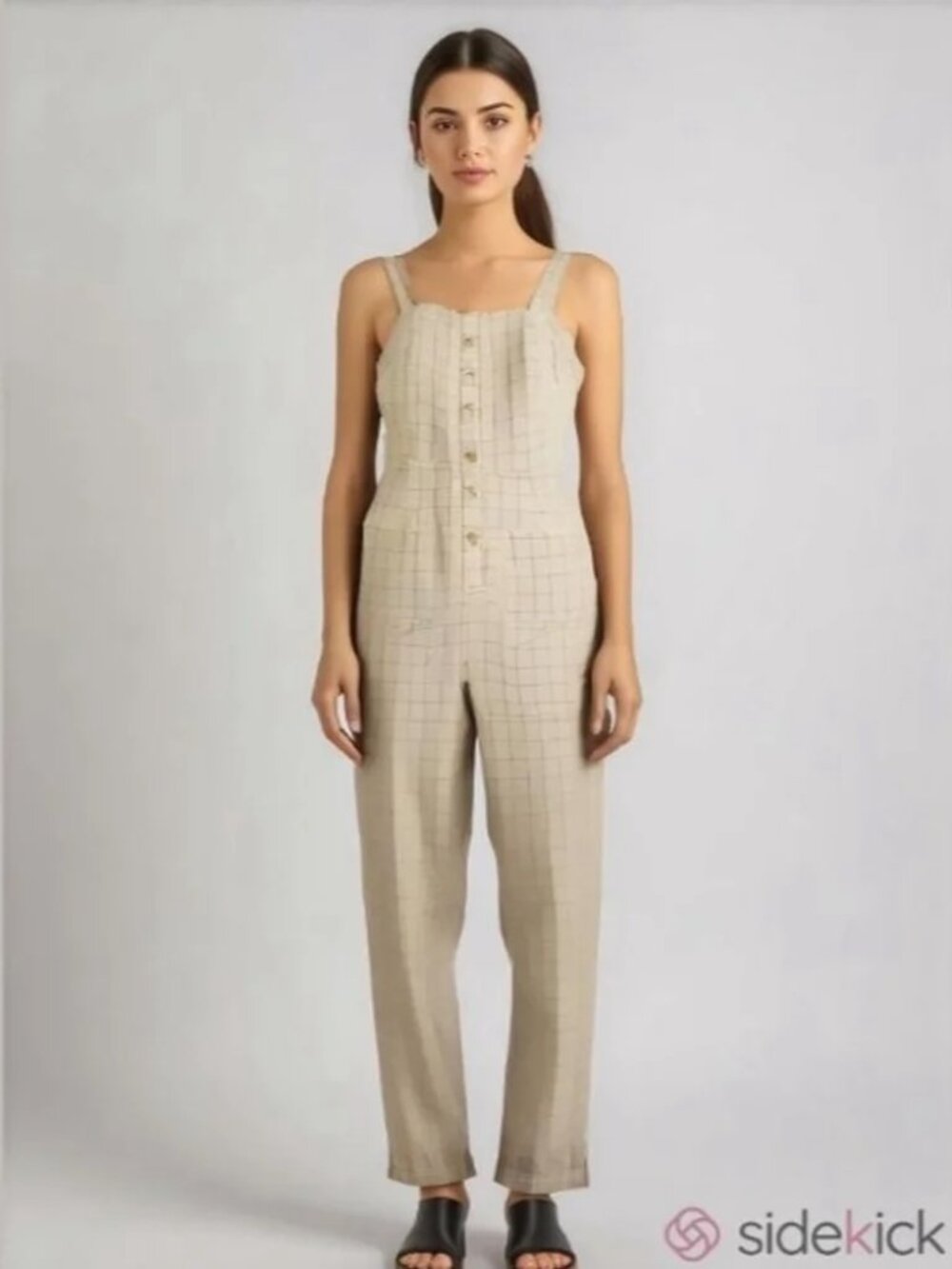 The Good Jane Linen Blend Wide-Leg Jumpsuit Women's M Natural Button Front Pocke